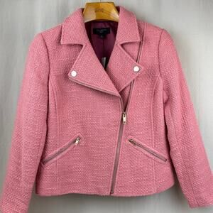 Talbots Petite Pink Salmon Tweed Asymmetrical Moto Jacket Zip Pockets 6P NWT
